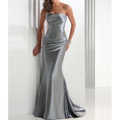 

Mermaid / Trumpet Elegant Sparkle & Shine Wedding Guest Formal Evening Dress Strapless Sleeveless Sweep / Brush Train Satin with Crystals 2022