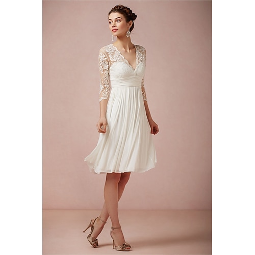  A-Line Knee Length Wedding Dresses Bridal Shower Dresses Bridal Gown Open Back Little White Dresses 3/4 Length Sleeve V Neck Graduation Birthday Chiffon Lace with Ruched