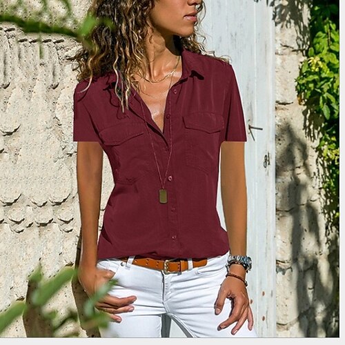 

Women's Blouse Shirt Purple Wine Fuchsia Plain Short Sleeve Casual Daily Basic Business Elegant Shirt Collar Regular S