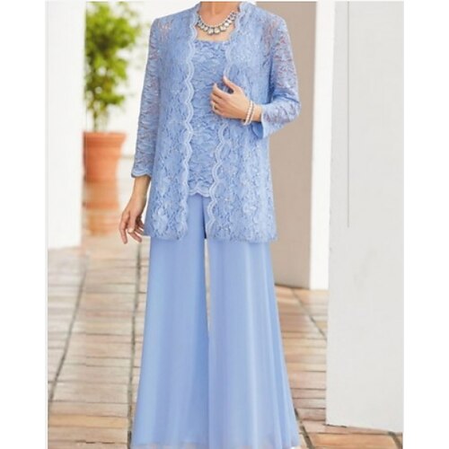 

Two Piece Pantsuit Mother of the Bride Dress Wrap Included Square Neck Ankle Length Chiffon Lace Long Sleeve with Ruching 2022