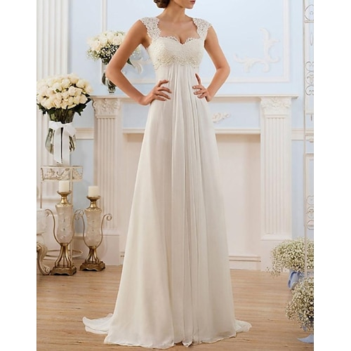 

A-Line Wedding Dresses Sweetheart Neckline Sweep / Brush Train Chiffon Lace Spaghetti Strap Simple Vintage Illusion Detail Backless with Lace Insert 2022