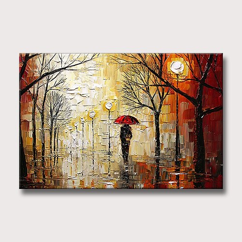 

Oil Painting 100% Handmade Hand Painted Wall Art On Canvas People With Umbrellas Strolling Along The Forest Path Abstract Landscape Modern Home Decoration Decor Rolled Canvas No Frame Unstretched