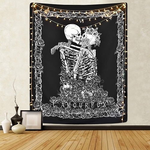 

Skull Tapestry Kissing Lover Black and White Tarot Skeleton Flower Tapestry Wall Hanging Beach Blanket Romantic Bedroom Dorm Home Decor