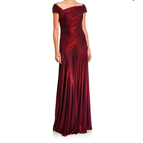 

Sheath / Column Evening Dresses Elegant Dress Wedding Guest Floor Length Short Sleeve Off Shoulder Satin with Ruched 2022 / Formal Evening