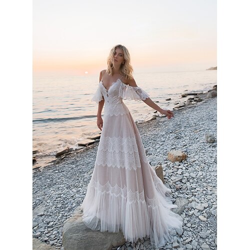 

A-Line Wedding Dresses V Neck Sweep / Brush Train Lace Tulle Short Sleeve Illusion Detail Backless with Lace 2022