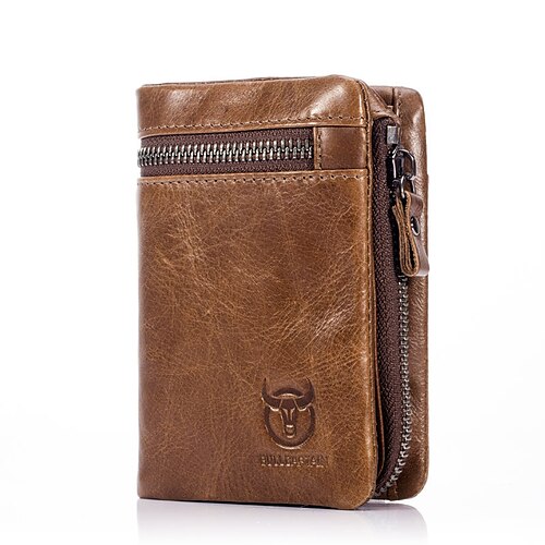 

Men's Wallet Cowhide Zipper Solid Color Office & Career Black Dark Coffee Brown