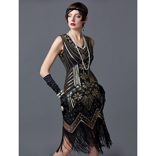 1920's Flapper Party Clubwear Gatsby Sequin & Fringe Tassel Black Gold Dress 