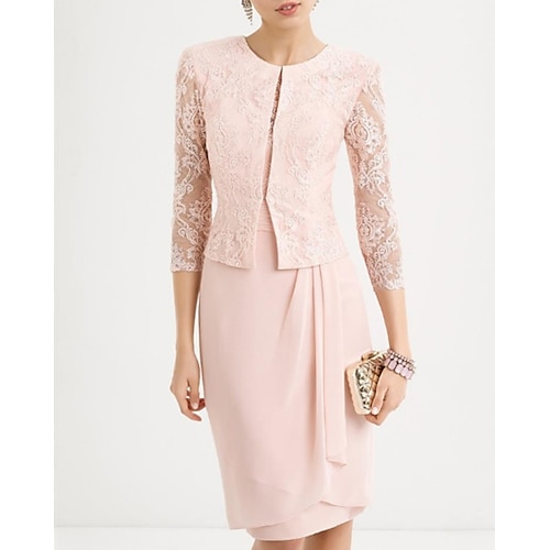 

Two Piece Sheath / Column Mother of the Bride Dress Elegant Jewel Neck Knee Length Chiffon Lace 3/4 Length Sleeve Short Jacket Dresses with Ruched 2022