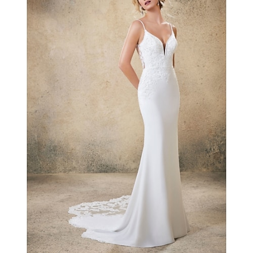 

Mermaid / Trumpet Wedding Dresses V Neck Court Train Satin Spaghetti Strap Boho Backless with Beading Lace Insert Appliques 2022