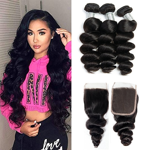 

3 Bundles with Closure Hair Weaves Brazilian Hair Loose Wave Human Hair Extensions Remy Human Hair 100% Remy Hair Weave Bundles 345 g Natural Color Hair Weaves / Hair Bulk Human Hair Extensions 8-20