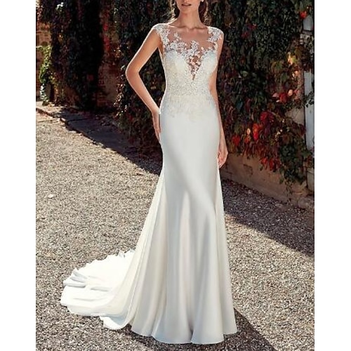 

Sheath / Column Wedding Dresses Jewel Neck Sweep / Brush Train Lace Satin Cap Sleeve Mordern Sparkle & Shine with Appliques 2022