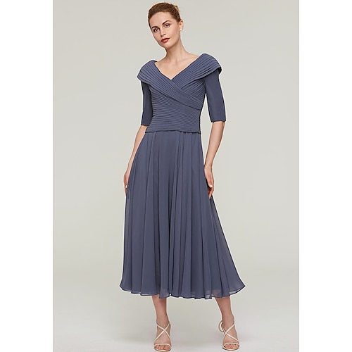 

A-Line Mother of the Bride Dress Plus Size V Neck Ankle Length Chiffon Half Sleeve with Pleats 2022