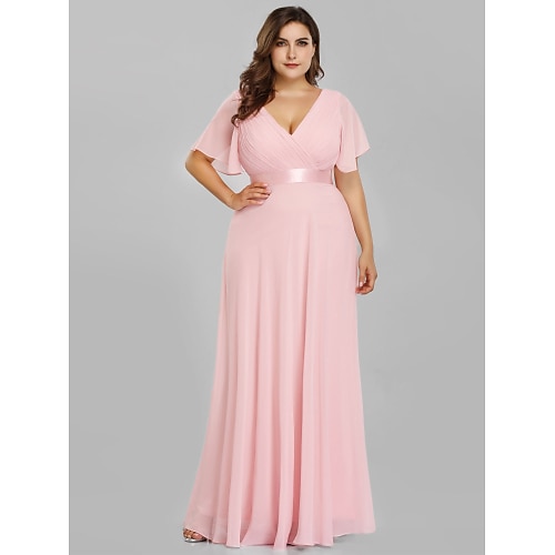 

A-Line Empire Plus Size Prom Formal Evening Dress V Neck V Back Short Sleeve Floor Length Chiffon with Pleats Ruched 2022