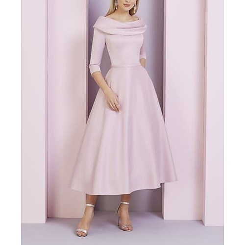 

A-Line Mother of the Bride Dress Vintage Plus Size Elegant Bateau Neck Tea Length Stretch Satin 3/4 Length Sleeve with Ruching 2022