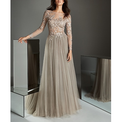 

A-Line Elegant Wedding Guest Formal Evening Dress Illusion Neck Long Sleeve Sweep / Brush Train Lace with Pleats Appliques 2022