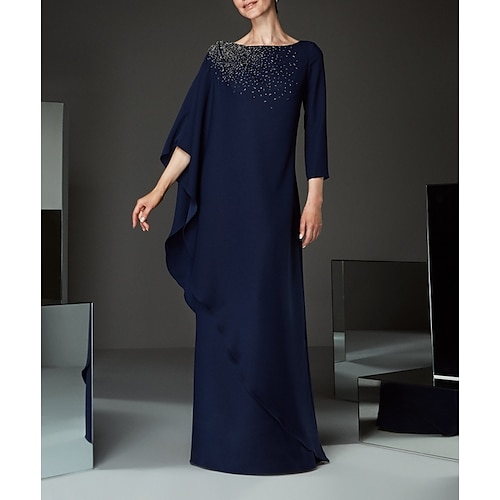 

Sheath / Column Mother of the Bride Dress Plus Size Elegant Bateau Neck Floor Length Chiffon Half Sleeve with Lace Appliques 2022