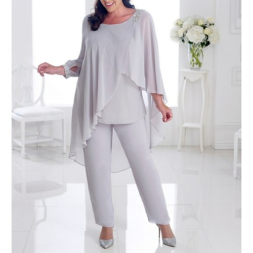 

Two Piece Pantsuit Mother of the Bride Dress Plus Size Elegant Jewel Neck Ankle Length Chiffon Long Sleeve with Beading Ruffles 2022