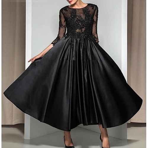 

A-Line Elegant Cocktail Party Formal Evening Dress Illusion Neck 3/4 Length Sleeve Ankle Length Lace with Appliques 2022