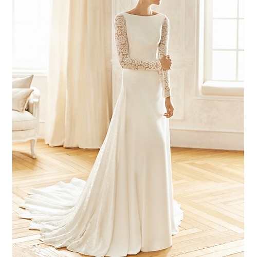 

A-Line Wedding Dresses Bateau Neck Sweep / Brush Train Lace Satin Long Sleeve Formal Backless Illusion Sleeve with Buttons Draping Lace Insert 2022