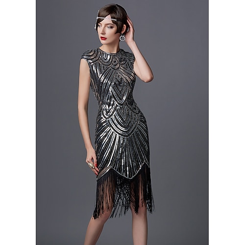 Ladies Black & Silver 1920s Flapper Charleston Gatsby Outfit Costume Fancy  Dress