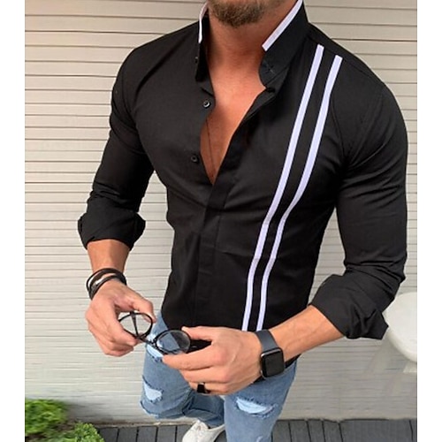 

Men's Shirt Regular Fit Short Sleeve Standing Collar Striped Polyester White Black Gray 2022