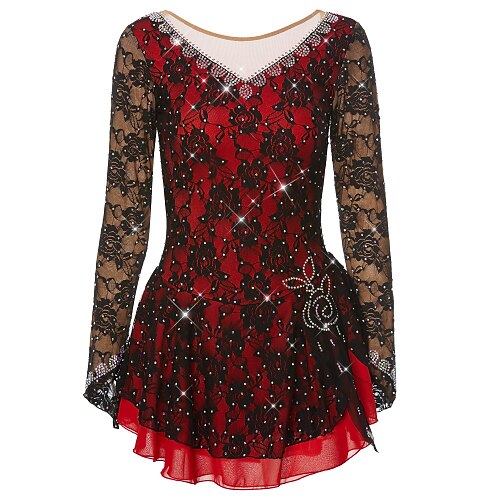 

Figure Skating Dress Women's Girls' Ice Skating Dress Outfits Black / Red Patchwork Spandex Stretch Yarn High Elasticity Competition Skating Wear Classic Long Sleeve Figure Skating