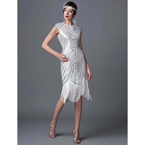 1920s silver flapper dress Silver Flapper Dress: Evening Dress Made of Beads and Guipure in the Style of the 1920s (EU 42) US4 S
