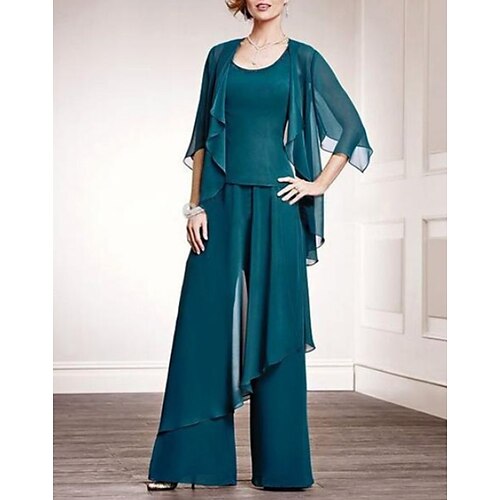 

Pantsuit Mother of the Bride Dress Plus Size Elegant Scoop Neck Floor Length Chiffon Sleeveless with Beading 2022