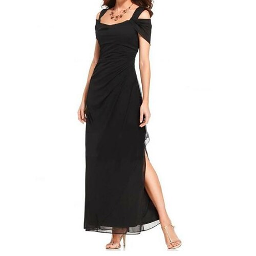 

Sheath / Column Mother of the Bride Dress Plus Size Spaghetti Strap Floor Length Chiffon Short Sleeve with Split Front Ruching 2022