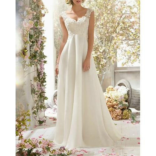 

A-Line Wedding Dresses Sweetheart Neckline Sweep / Brush Train Chiffon Lace Spaghetti Strap Romantic Backless with Beading Lace Insert 2022
