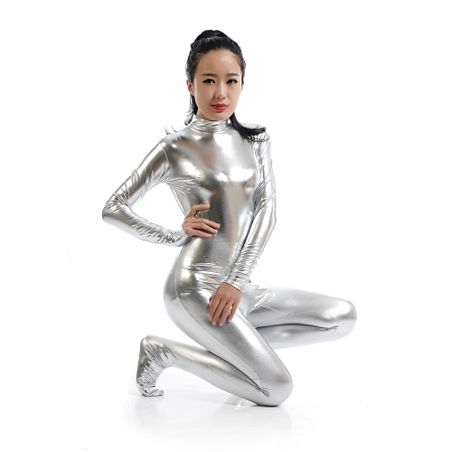 Halloween Unisex Silver Gray Shiny Metallic Zentai Suit