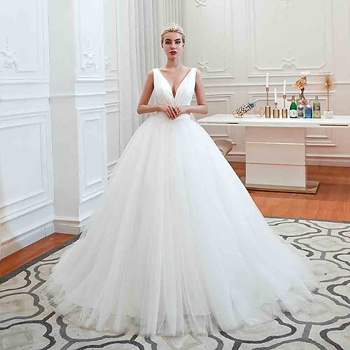 

Ball Gown Wedding Dresses V Neck Court Train Tulle Regular Straps Simple Glamorous Backless with Ruched 2022