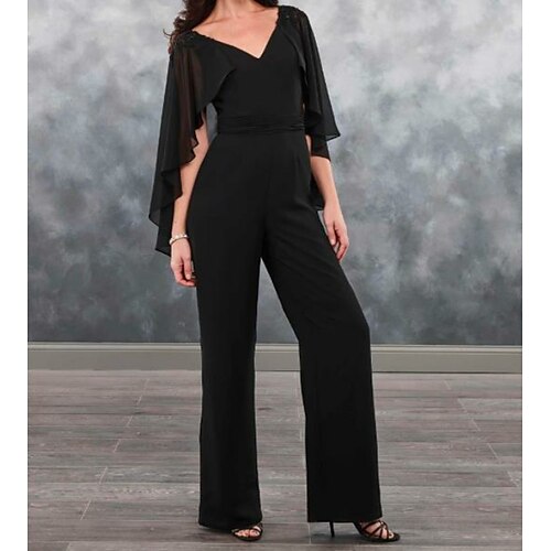 

Pantsuit Mother of the Bride Dress Jumpsuits V Neck Floor Length Chiffon Short Sleeve with Ruffles Appliques 2022