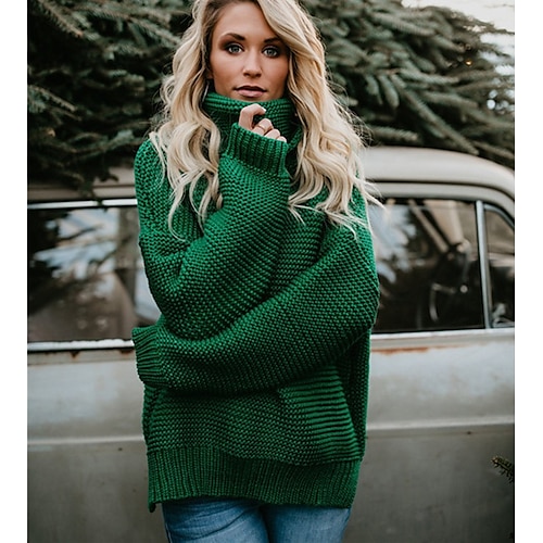 

Women's Sweater Pullover Jumper Knitted Solid Color Basic Casual St. Patrick's Day Long Sleeve Regular Fit Sweater Cardigans Turtleneck Fall Winter Green Gray Pink / Holiday / Going out