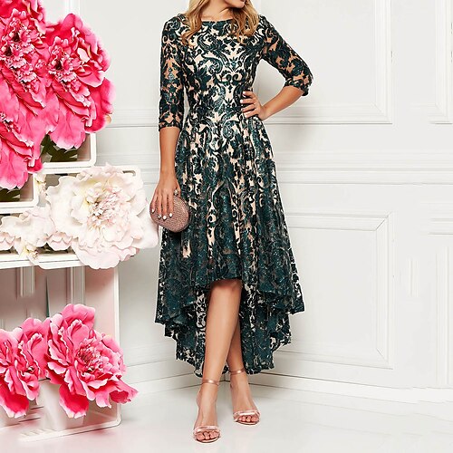 Women's A Line Dress Midi Dress Green Half Sleeve Floral Solid Color Lace Spring & Summer All Seasons Round Neck Hot Elegant 2021 M L XL XXL