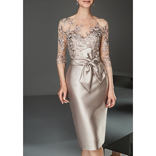 

Sheath / Column Mother of the Bride Dress Plus Size Elegant See Through Bateau Neck Knee Length Satin Tulle Half Sleeve with Beading Ruffles 2022