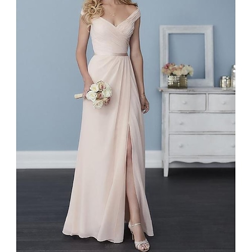 

A-Line Bridesmaid Dress Off Shoulder Sleeveless Elegant Floor Length Chiffon with Sash / Ribbon / Pleats / Split Front 2022