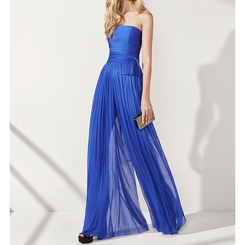 

Jumpsuits Elegant Wedding Guest Formal Evening Dress Strapless Sleeveless Floor Length Chiffon with Ruched Pearls Draping 2022