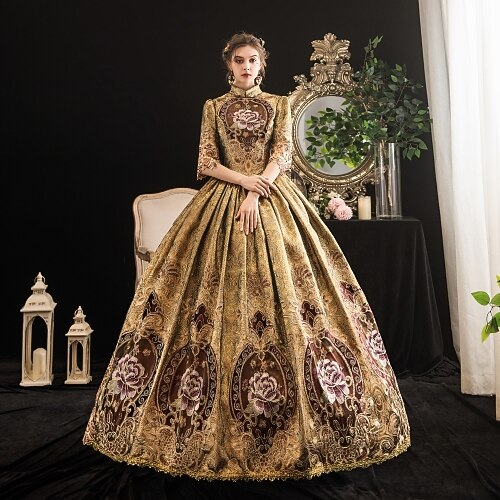 long brown flowy dress Ball Gown Square Neck 3/4 Length Sleeves Floor-Length Evening Party Gothic Victorian Vintage Inspired Costume Medieval Princess Prom Dress, One-Size /