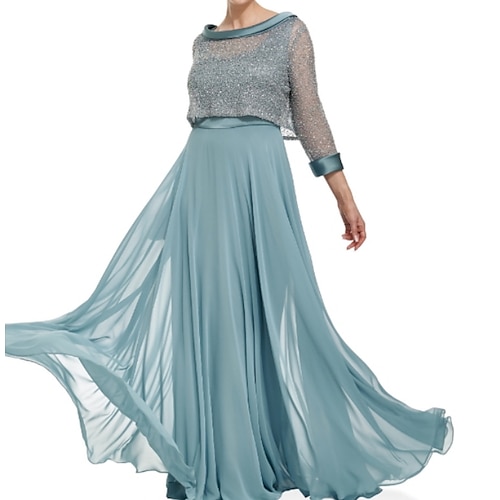 

A-Line Mother of the Bride Dress Wrap Included Scoop Neck Floor Length Chiffon Lace 3/4 Length Sleeve with Lace Crystals Ruching 2022