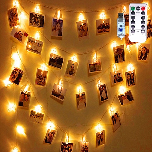 

fotoklipp snørelys 3m med 20 led -klipp for sovesal med fjernkontroll varm hvit kreativ led julelanterfest dekorativt usb -sett