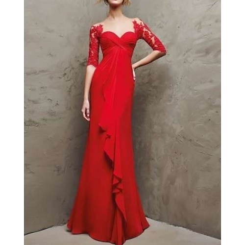 

Sheath / Column Elegant Formal Evening Dress Sweetheart Neckline Half Sleeve Floor Length Chiffon with Ruffles Lace Insert 2022