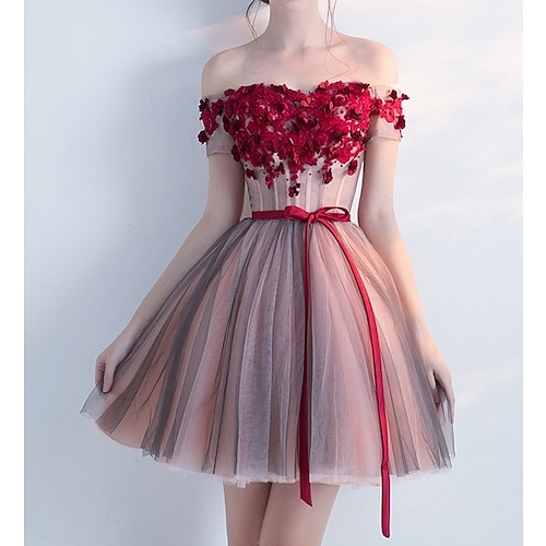 

A-Line Floral Homecoming Cocktail Party Valentine's Day Dress Off Shoulder Short Sleeve Short / Mini Tulle with Bow(s) Appliques 2022