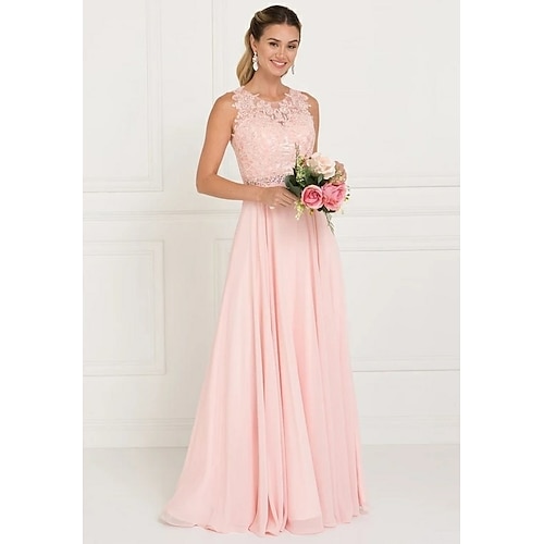 

A-Line Bridesmaid Dress Jewel Neck Sleeveless Elegant Sweep / Brush Train Tulle with Lace / Sash / Ribbon 2022