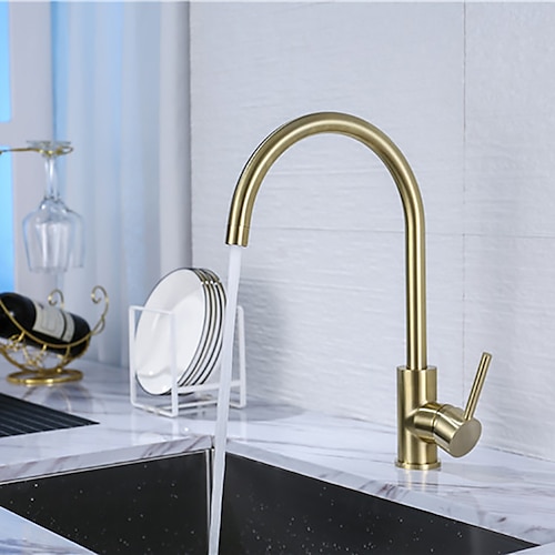 

Brass Kitchen Faucet,Single Handle One Hole Brushed Gold Widespread Contemporary Kitchen Taps with Cold and Hot Water