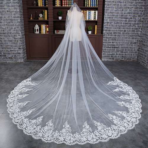 

One-tier Elegant & Luxurious Wedding Veil Cathedral Veils with Embroidery / Appliques / Solid 118.11 in (300cm) Tulle / Angel cut / Waterfall