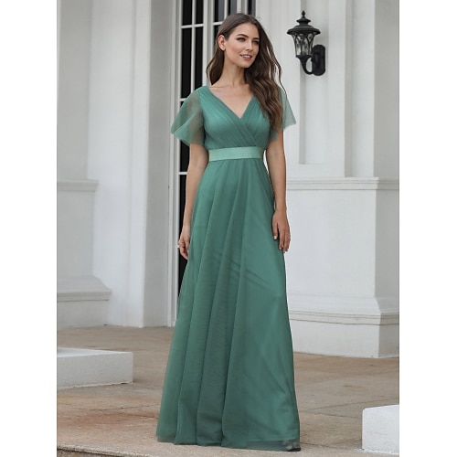 

A-Line Empire Wedding Guest Prom Dress V Neck V Back Short Sleeve Floor Length Chiffon with Pleats Ruched 2022