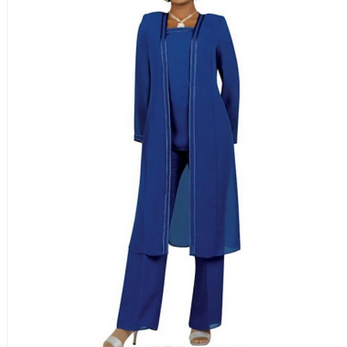 

Pantsuit Mother of the Bride Dress Plus Size Elegant Square Neck Floor Length Chiffon Long Sleeve with Sash / Ribbon Ruching 2022