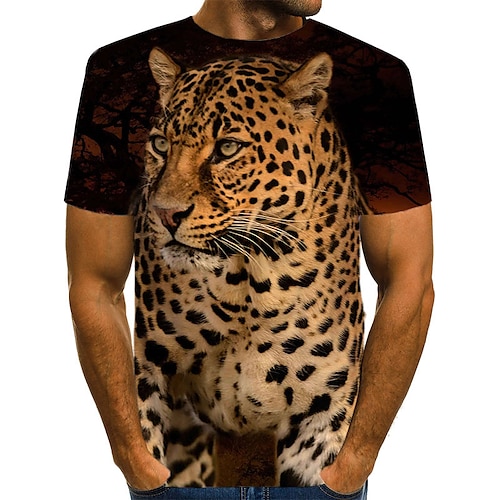 

Men's T shirt Tee Graphic Animal Leopard 3D Round Neck Brown Daily Holiday Short Sleeve Print Clothing Apparel Vintage Rock