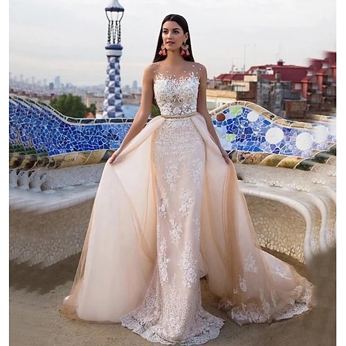 

Mermaid / Trumpet Wedding Dresses Jewel Neck Chapel Train Lace Tulle Lace Over Satin Regular Straps Formal See-Through with Sashes / Ribbons Pearls Appliques 2022
